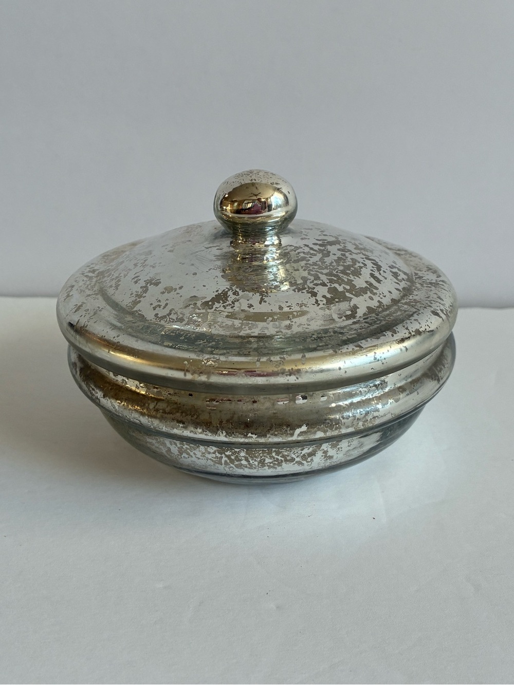 Vintage Style Silver Mercury Glass Lidded Trinket Box Candy Dish 3.5x5